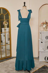 Tie Straps Teal A-Line Bridesmaid Dress with Detachable Sash