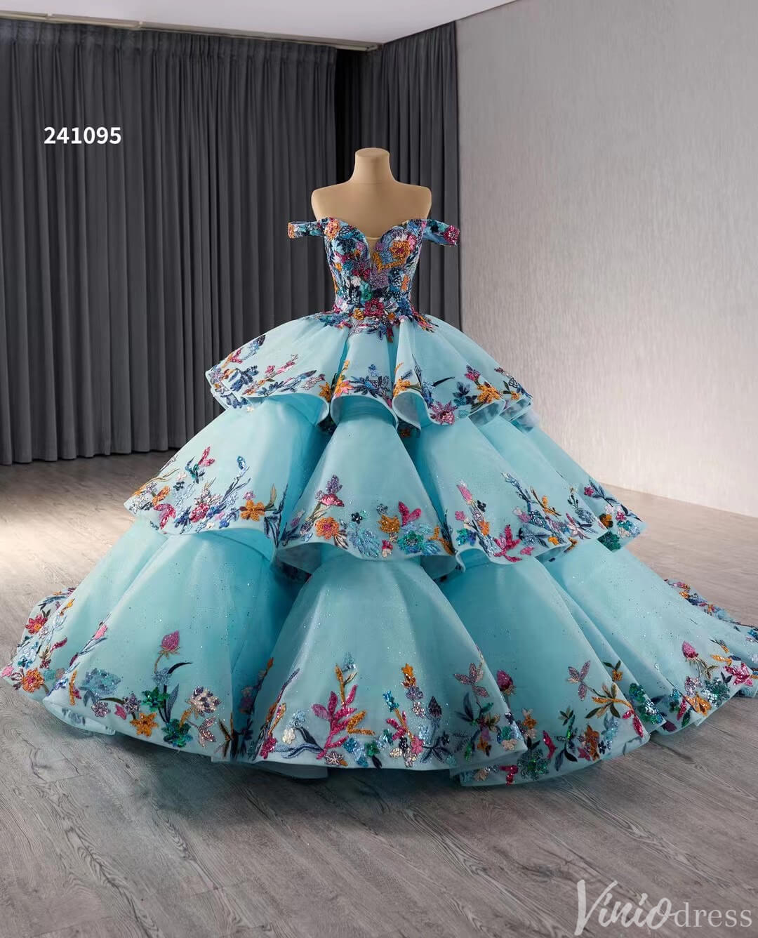 Tiered Blue Quinceanera Dress Off the Shoulder Ball Gown Wedding Dresses 241095