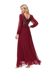 A-Line Evening Gown Empire Dress Party Wear Wedding Guest Floor Length Long Sleeve Jewel Neck Chiffon V Back with Sequin Splicing