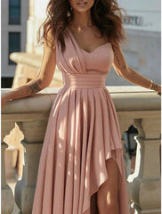 Women's Party Dress Homecoming Dress Wedding Guest Dress Long Dress Maxi Dress Pink Sleeveless Pure Color Pleated Summer Spring One Shoulder Party Birthday Wedding Guest Vacation Slim