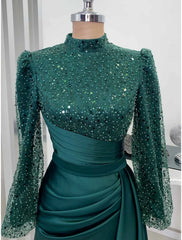 Aimishang A-Line Evening Gown Champagne Christmas Elegant Dress Formal Sweep / Brush Train Long Sleeve High Neck Satin with Glitter Pleats Ruched