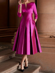 A-Line Cocktail Dresses Minimalist Dress Christmas Red Green Dress Wedding Guest Tea Length 3/4 Length Sleeve Jewel Neck Fall Wedding Guest Satin with Pleats 2025