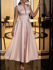 A-Line Evening Gown Cut Out Dress Engagement Wedding Party Sweep / Brush Train Sleeveless Jewel Neck Italy Satin Backless with Sleek Pure Color
