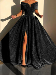 A-Line Evening Gown Sparkle & Shine Dress Formal Fall Court Train Sleeveless Off Shoulder Sequined with Sequin Slit