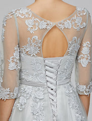Wholesale A-Line Empire Dress Wedding Guest Prom Dress Floor Length Half Sleeve Illusion Neck Tulle with Bow(s) Appliques