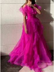 A-Line Prom Dresses Elegant Dress Formal Sweep / Brush Train Short Sleeve V Neck Organza with Pleats Ruffles