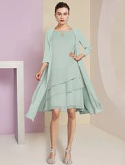 Aimishang  Two Piece A-Line Mother of the Bride Dress Formal Wedding Guest Elegant Scoop Neck Knee Length Chiffon 3/4 Length Sleeve with Tier