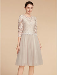 Aimishang A-Line Mother of the Bride Dress Wedding Guest Elegant Petite Jewel Neck Knee Length Lace Tulle Half Sleeve with Pleats Solid Color