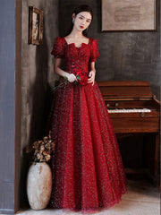 Burgundy A line tulle long prom dress burgundy formal dress