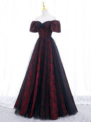 A-Line Tulle Lace Black/burgundy Long Prom Dress, Black/Burgundy Long Formal Dress