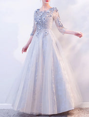 A-Line Evening Gown Elegant Dress Wedding Guest Formal Evening Floor Length 3/4 Length Sleeve Jewel Neck Tulle with Appliques