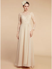 Aimishang  A-Line Mother of the Bride Dress Wedding Guest Elegant Jewel Neck Ankle Length Chiffon Lace Long Sleeve with Ruching Solid Color