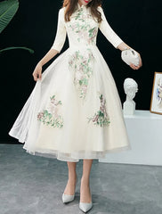 A-Line Cocktail Dresses Elegant Dress Wedding Guest Party Wear Tea Length Half Sleeve Stand Collar Tulle with Appliques