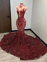 Mermaid Black Dress Evening Gown Elegant Dress Carnival Formal Court Train Sleeveless Illusion Neck African American Sequined with Sequin