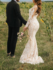 Wholesale Engagement Formal Boho Wedding Dresses Mermaid / Trumpet Illusion Neck Long Sleeve Sweep / Brush Train Lace Bridal Gowns With Appliques