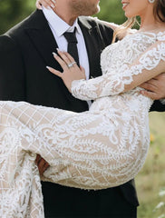 Wholesale Engagement Formal Boho Wedding Dresses Mermaid / Trumpet Illusion Neck Long Sleeve Sweep / Brush Train Lace Bridal Gowns With Appliques