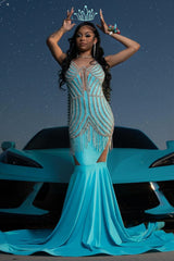 Trendy Blue Mermaid Sleeveless Crystal Sexy Prom Dress
