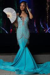 Trendy Blue Mermaid Sleeveless Crystal Sexy Prom Dress
