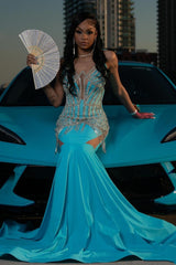 Trendy Blue Mermaid Sleeveless Crystal Sexy Prom Dress