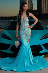 Trendy Blue Mermaid Sleeveless Crystal Sexy Prom Dress