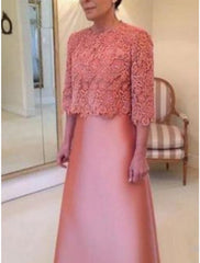 Plus Size Curve Mother of the Bride Dress Wedding Guest Elegant Party Jewel Neck Floor Length Satin Lace 3/4 Length Sleeve with Bow(s)