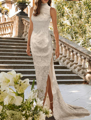 Wholesale Beach Open Back Boho Wedding Dresses Sheath / Column High Neck Sleeveless Sweep / Brush Train Lace Bridal Gowns With Appliques Split Front
