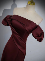Burgundy Satin Long Prom Dress, Mermaid Off the Shoulder Evening Party Dress