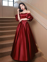 Burgundy Satin Floor Length Prom Dress, Off the Shoulder Short Sleeve Evening Dress