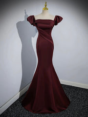 Burgundy Satin Long Prom Dress, Mermaid Off the Shoulder Evening Party Dress