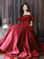 Burgundy Satin Floor Length Prom Dress, Off the Shoulder Short Sleeve Evening Dress