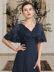 A-Line Mother of the Bride Dress Plus Size Elegant High Low V Neck Asymmetrical Tea Length Chiffon Lace Sleeveless with Appliques