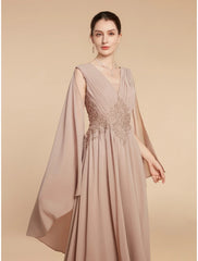 Aimishang  A-Line Mother of the Bride Dress Wedding Guest Elegant V Neck Ankle Length Chiffon Lace Sleeveless with Ruching Solid Color