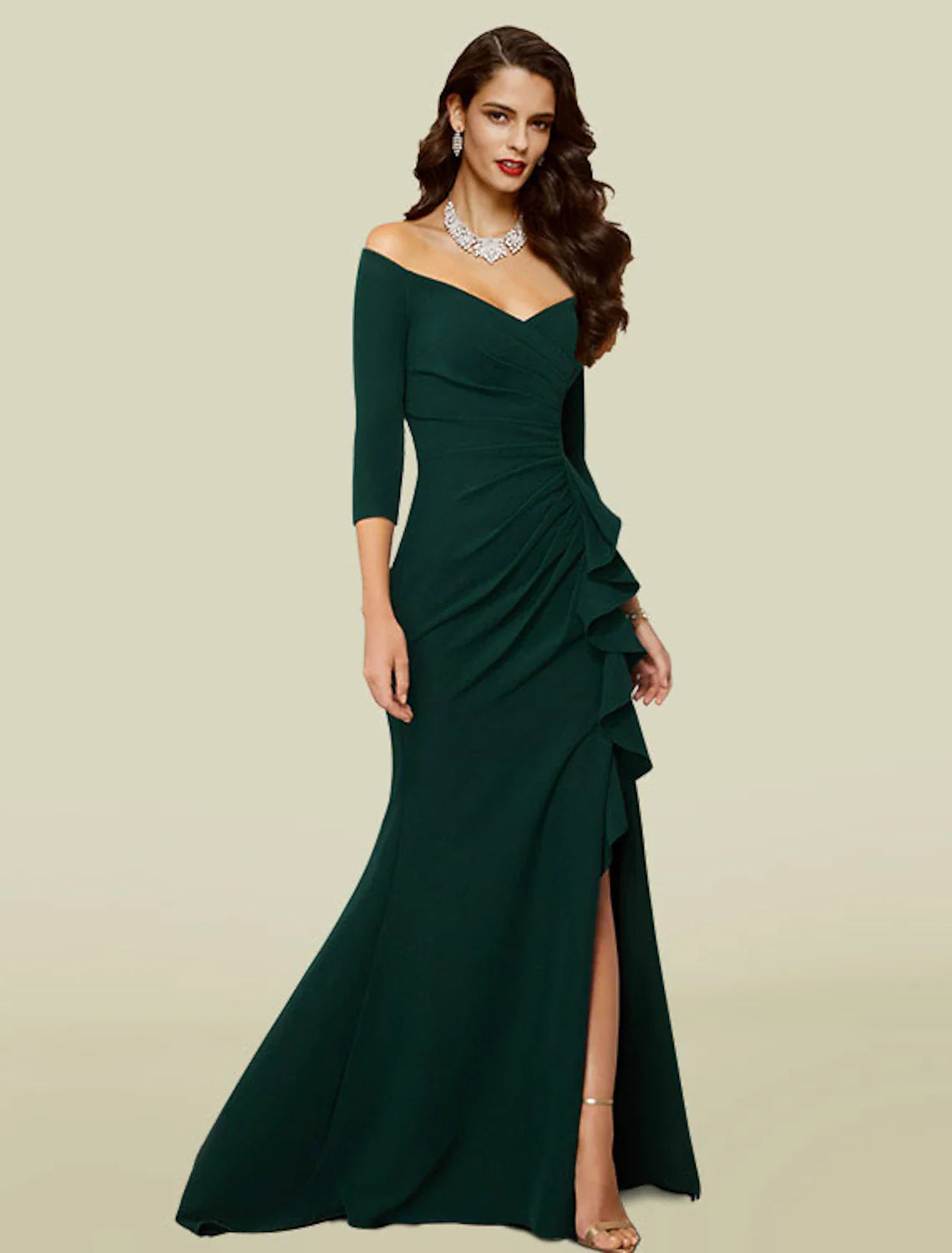 Aimishang  Mermaid / Trumpet Mother of the Bride Dress Wedding Guest Elegant Sexy Off Shoulder V Neck Court Train Stretch Fabric 3/4 Length Sleeve with Draping Split Front Fall