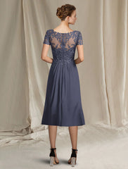 Aimishang A-Line Mother of the Bride Dress Plus Size Elegant V Neck Tea Length Chiffon Lace Short Sleeve with Pleats Appliques