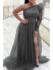 A-Line Prom Dresses Plus Size Dress Wedding Guest Formal Evening Sweep / Brush Train Long Sleeve One Shoulder Wednesday Addams Family Tulle with Slit Pure Color