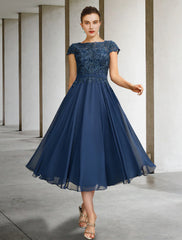 A-Line Mother of the Bride Dress Luxurious Elegant Jewel Neck Tea Length Chiffon Lace Cap Sleeve with Pleats Appliques