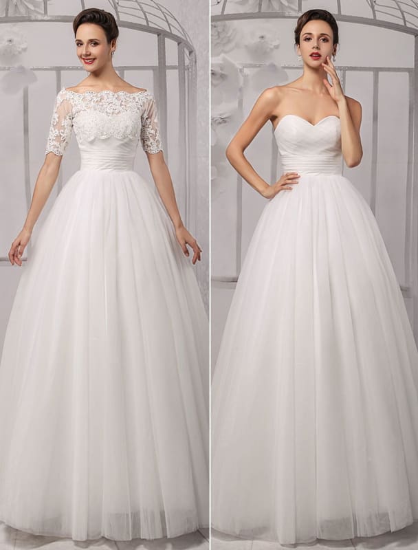 Exclusive Tull Lace Off-The-Shoulder Ball Gown Wedding Dress With Wrap