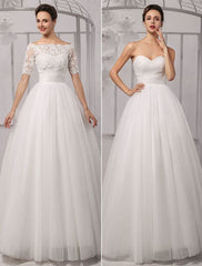 Exclusive Tull Lace Off-The-Shoulder Ball Gown Wedding Dress With Wrap