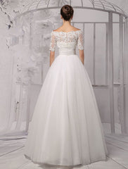 Exclusive Tull Lace Off-The-Shoulder Ball Gown Wedding Dress With Wrap