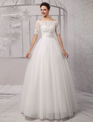 Exclusive Tull Lace Off-The-Shoulder Ball Gown Wedding Dress With Wrap