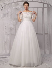 Exclusive Tull Lace Off-The-Shoulder Ball Gown Wedding Dress With Wrap