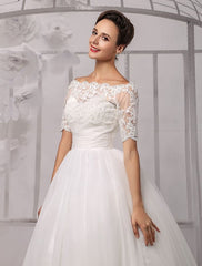 Exclusive Tull Lace Off-The-Shoulder Ball Gown Wedding Dress With Wrap