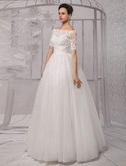 Exclusive Tull Lace Off-The-Shoulder Ball Gown Wedding Dress With Wrap