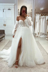Tulle A-Line Sweetheart Detachable Long Sleeve Lace Applique With Side Slit Wedding Dress Off Shoulder