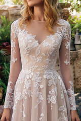 Tulle A Line Wedding Dress with Sleeves Lace Applique Long Sleeve Boho Wedding Bridal Dresses With Train
