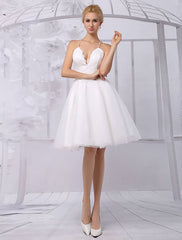 Tulle Knee-Length Spaghtti A-Line Wedding Dress With Long-Sleeves Lace Wrap Exclusive