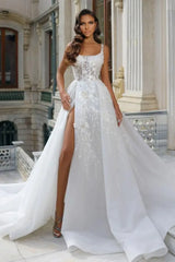 Tulle Lace Aline Wedding Dress Square neck Front Split Bridal Dress