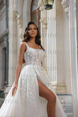 Tulle Lace Aline Wedding Dress Square neck Front Split Bridal Dress