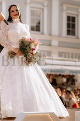 Tulle Plus Size Wedding Dress High Neck Lace Aline Bridal Dress Long Sleeves