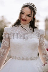 Tulle Plus Size Wedding Dress High Neck Lace Aline Bridal Dress Long Sleeves